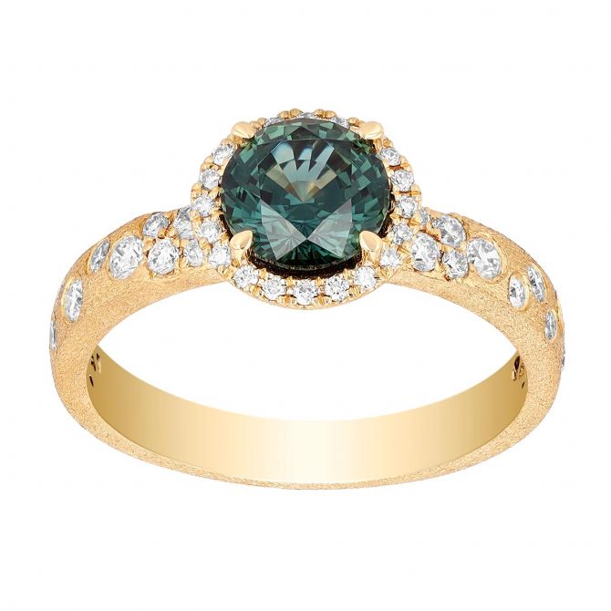 Silky Green Sapphire Cassiopeia Engagement Ring 1.65 Carats with Diamo –  Swank Metalsmithing