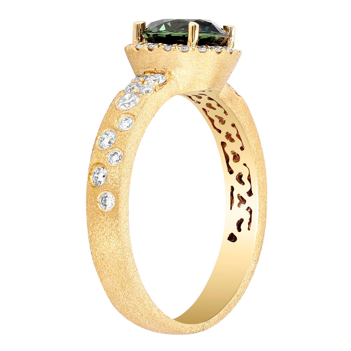 Round Blue-Green Sapphire & Diamond Ring in Yellow Gold