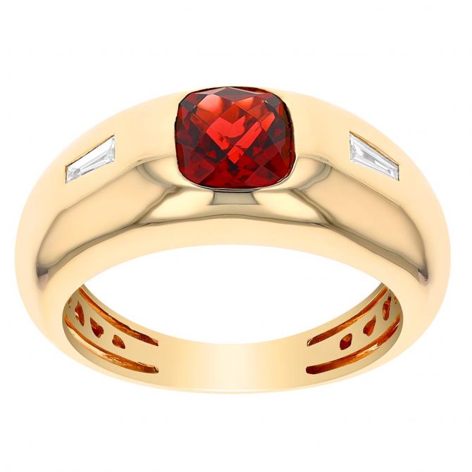 Cushion Checkerboard Garnet & Tapered Baguette Diamond Side Stone Flush Set Ring in Yellow Gold