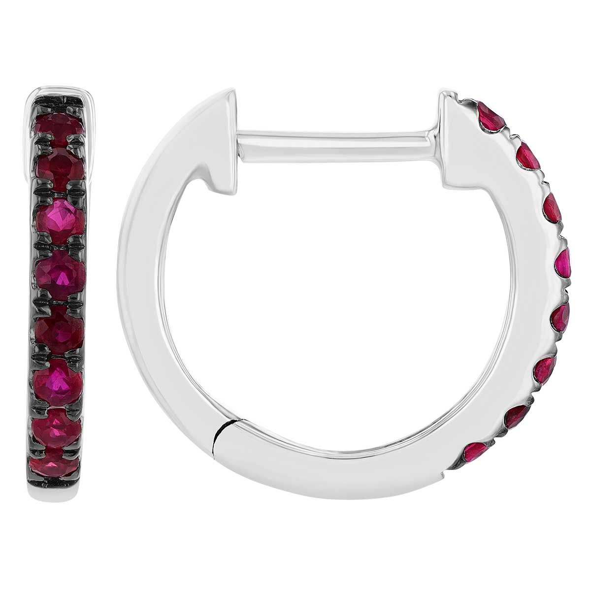Round Ruby Huggie Hoop Earrings in Black Rhodium & White Gold