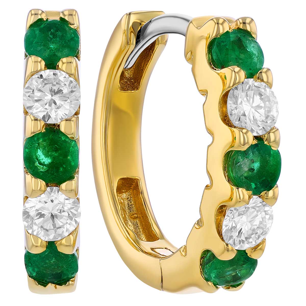Emerald & Diamond Huggie Hoop Earrings in Yellow Gold