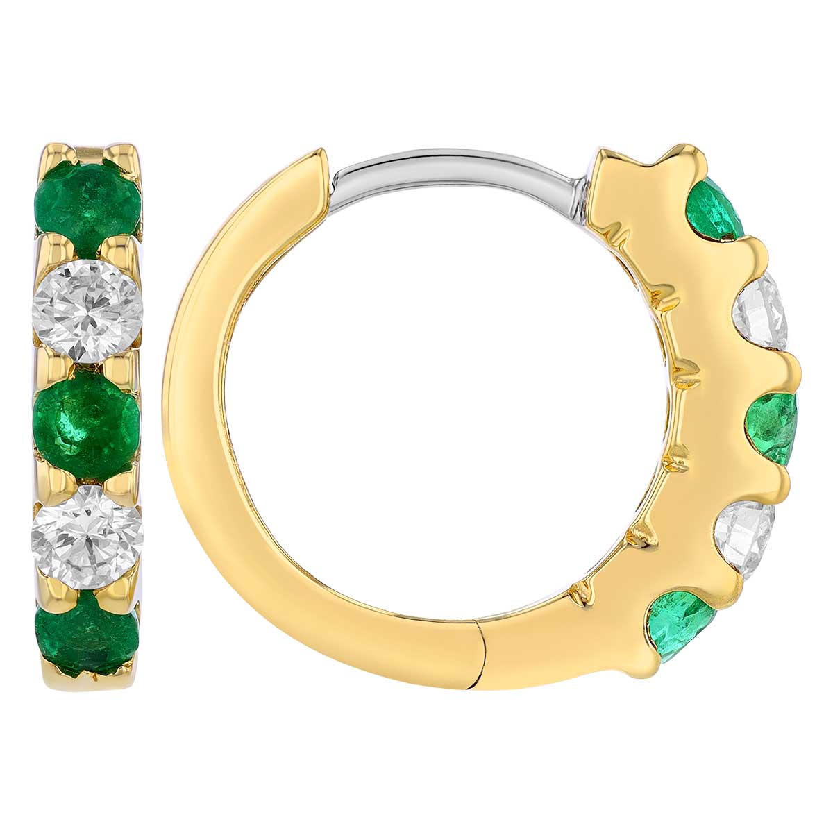 Emerald & Diamond Huggie Hoop Earrings in Yellow Gold