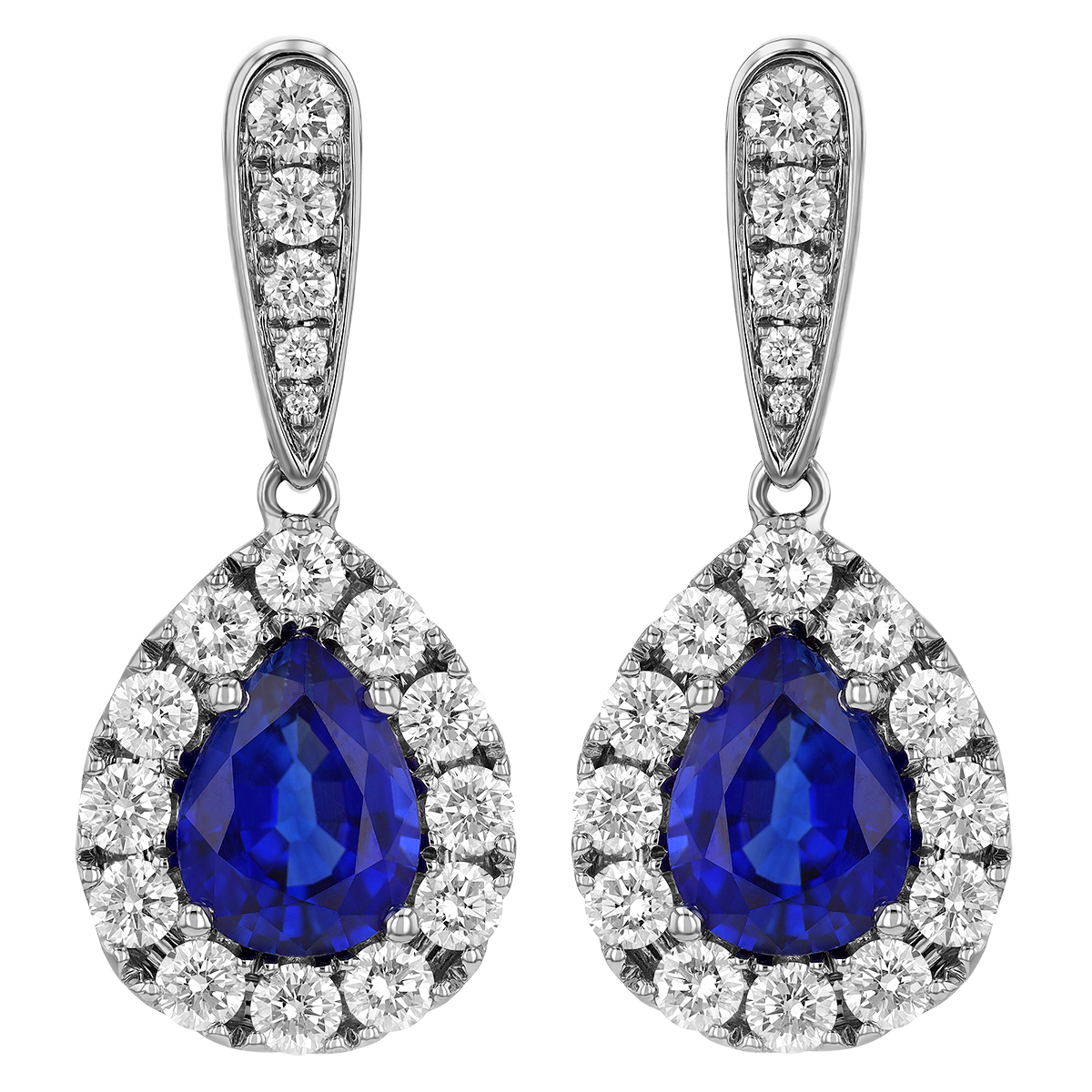 Pear Shaped Sapphire & Diamond Halo Drop Earrings in White Gold