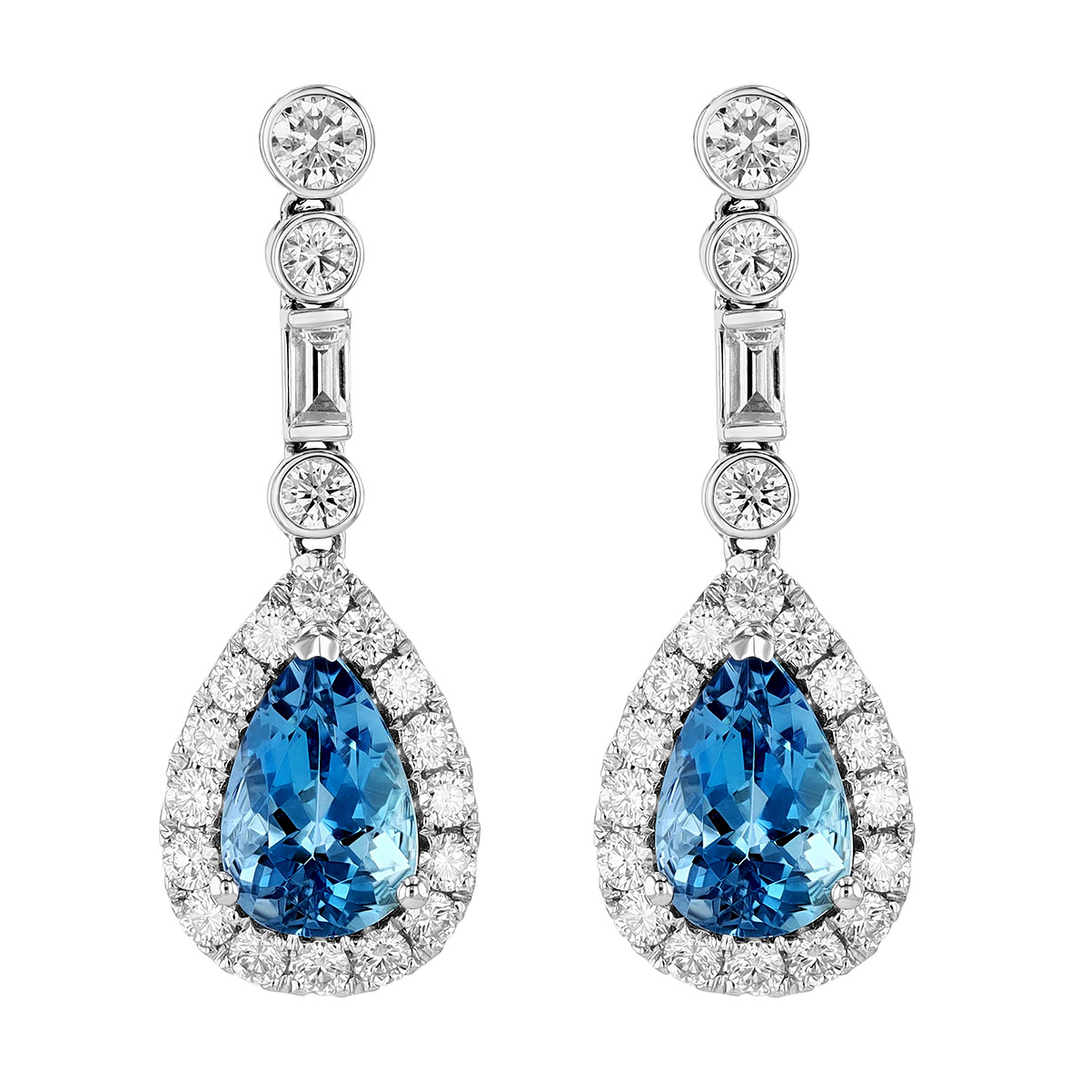 Pear Shaped Aquamarine & Diamond Dangle Earrings in White Gold