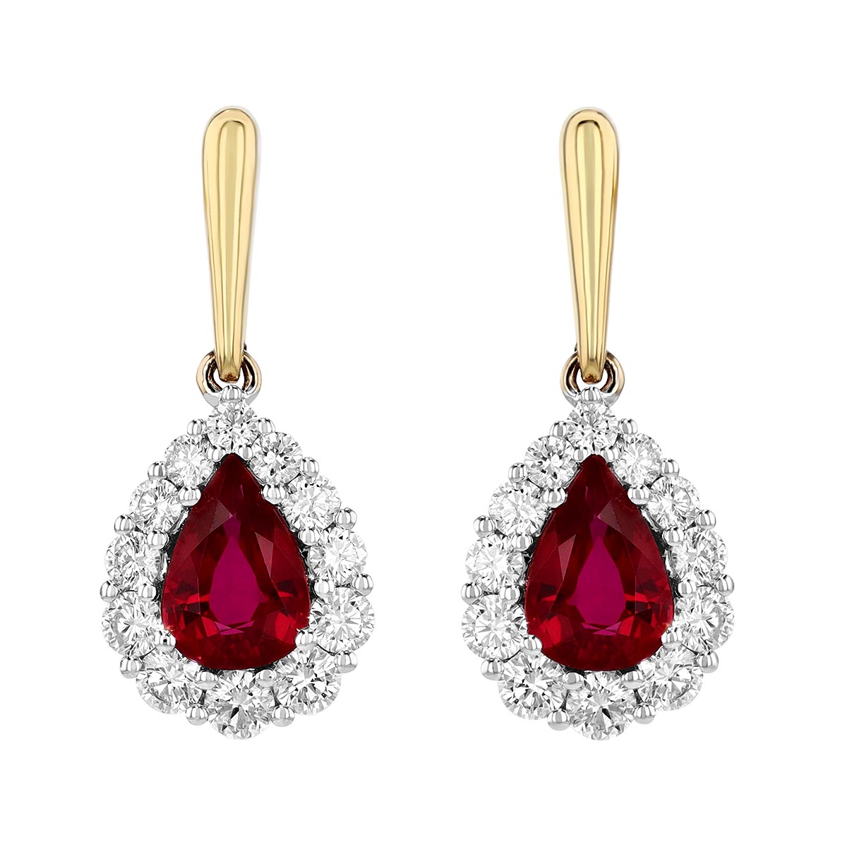 Pear Shaped Ruby & Diamond Halo Dangle Earrings in Two Tone