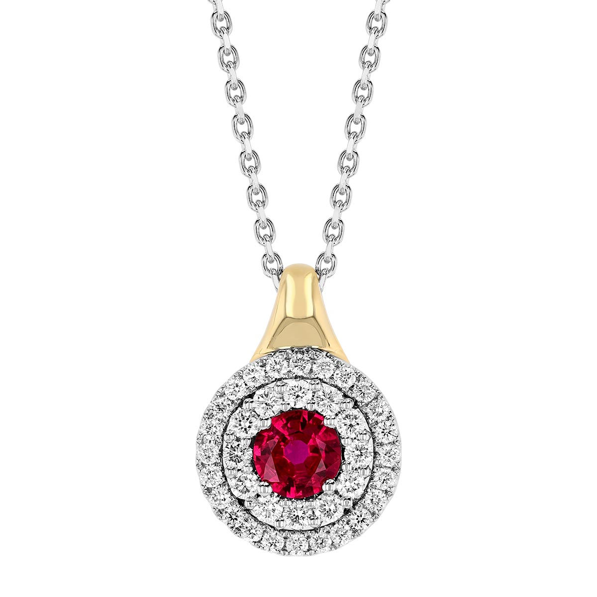 Round Ruby & Double Diamond Halo Pendant in Two Tone, 17