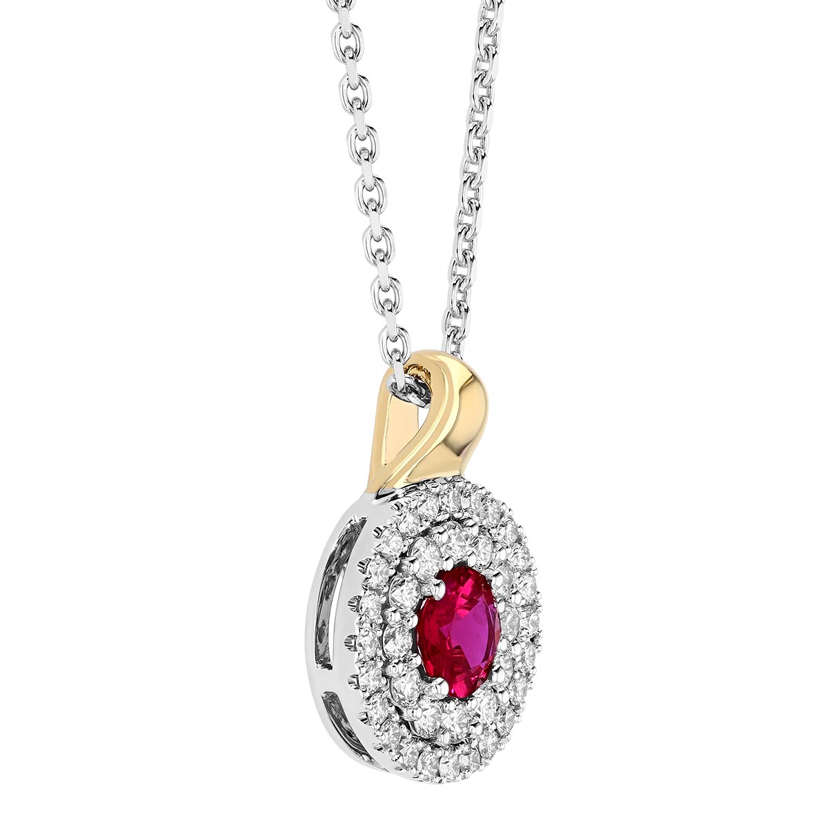 Round Ruby & Double Diamond Halo Pendant in Two Tone, 17