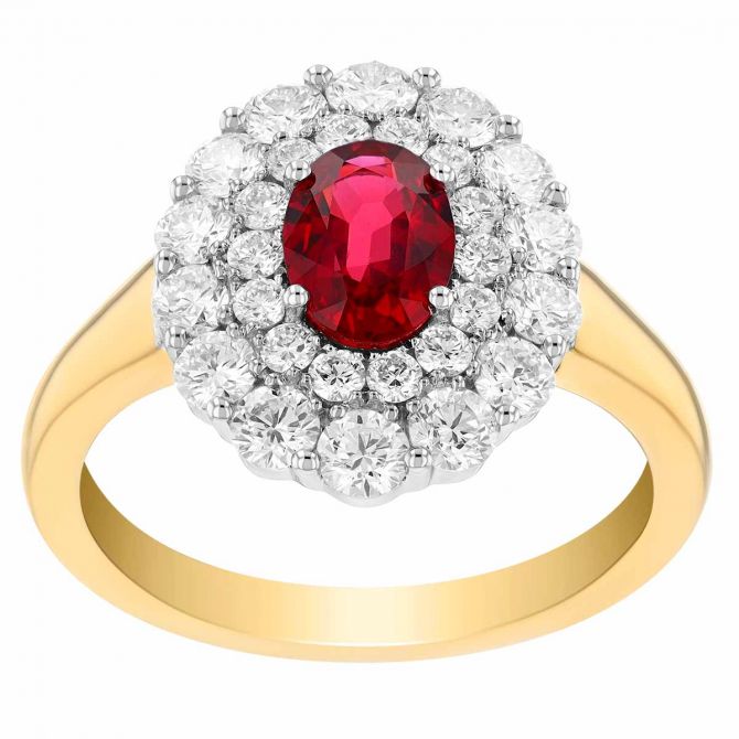 Oval Ruby Double Diamond Halo Ring in Two Tone Borsheims