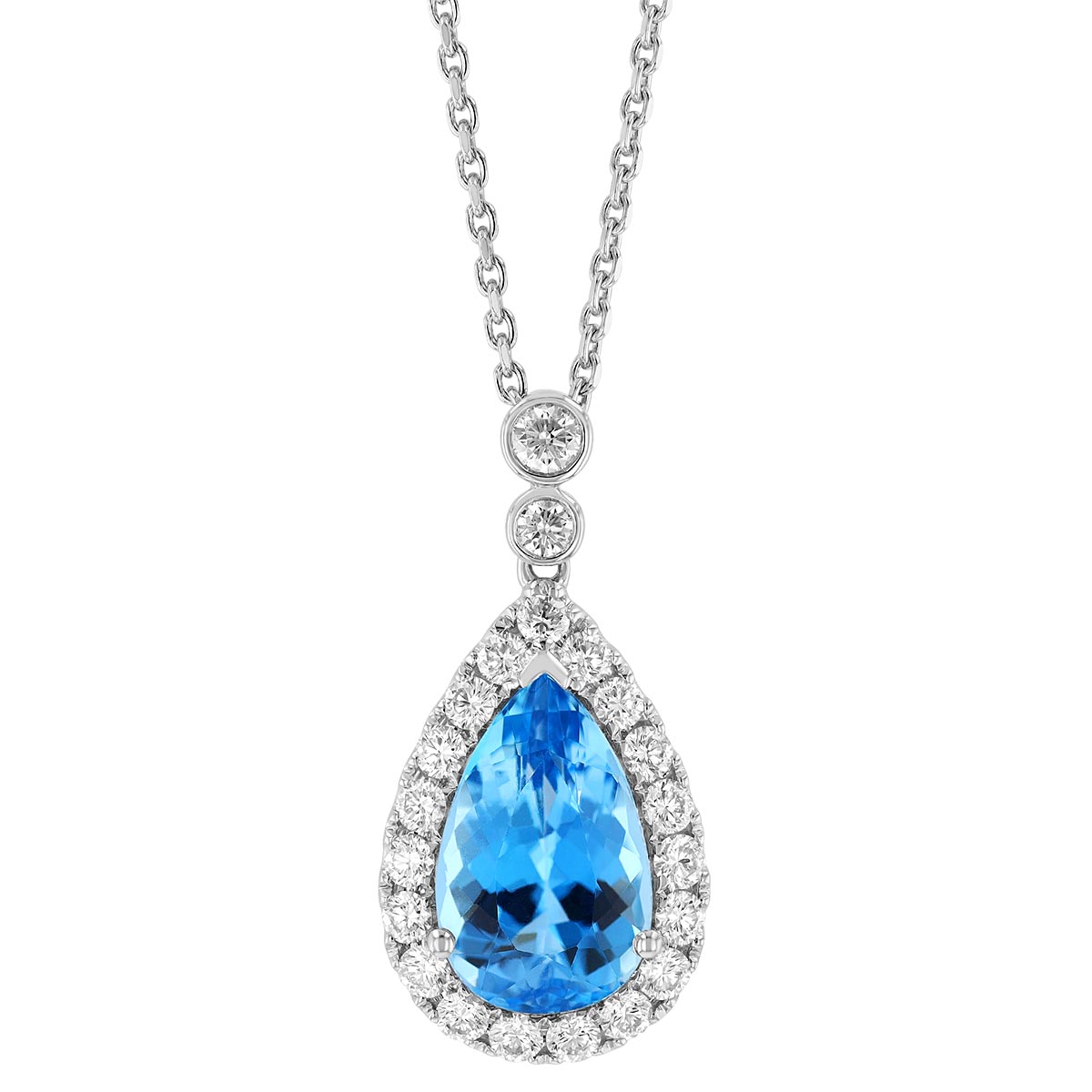 Pear Shaped Aquamarine & Diamond Halo Pendant in White Gold with Diamond Bail, 17