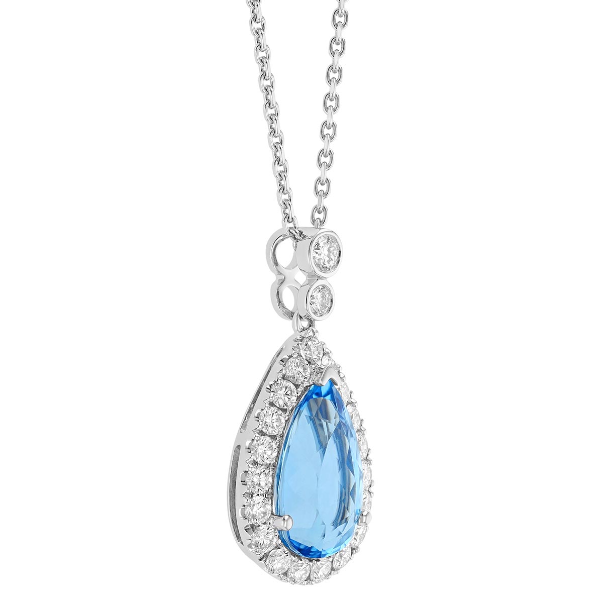 Pear Shaped Aquamarine & Diamond Halo Pendant in White Gold with Diamond Bail, 17