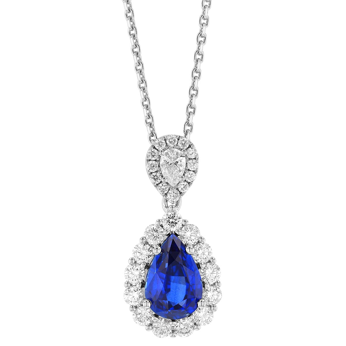 Pear Shaped Sapphire & Diamond Halo Pendant in White Gold with Diamond Bail, 17