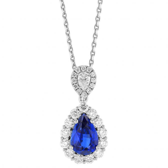 Pear Shaped Sapphire & Diamond Halo Pendant in White Gold with Diamond Bail, 17"