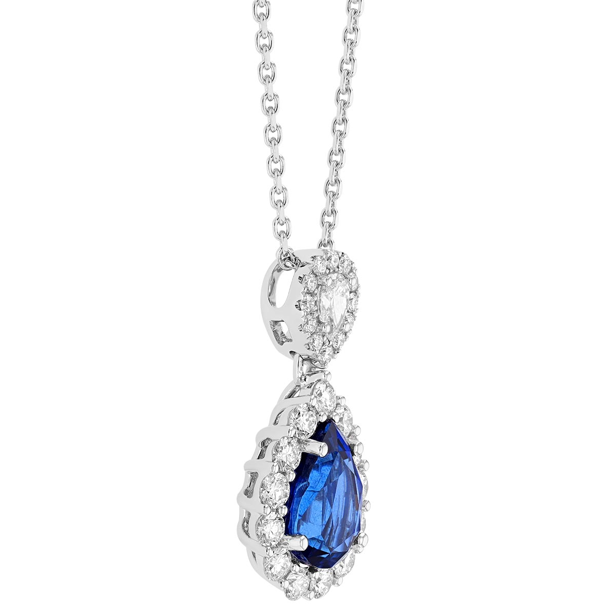 Pear Shaped Sapphire & Diamond Halo Pendant in White Gold with Diamond Bail, 17