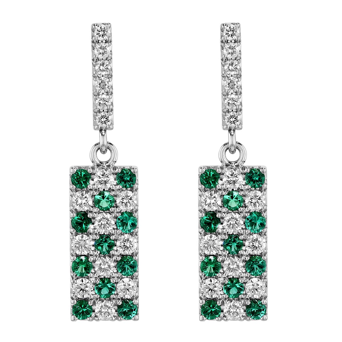Emerald & Diamond Pavé Rectangle Dangle Earrings in White Gold