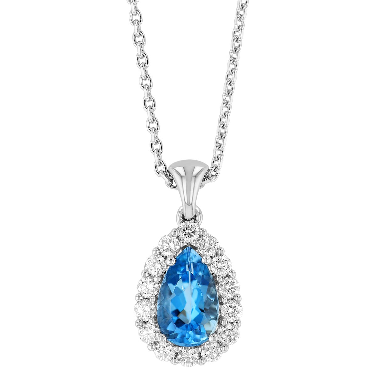 Pear Shaped Aquamarine & Diamond Halo Pendant in White Gold, 17