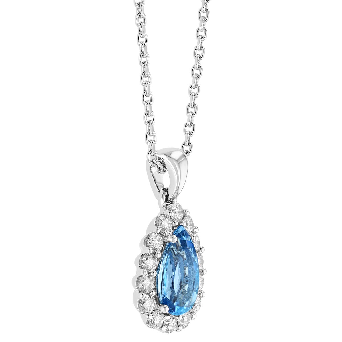 Pear Shaped Aquamarine & Diamond Halo Pendant in White Gold, 17