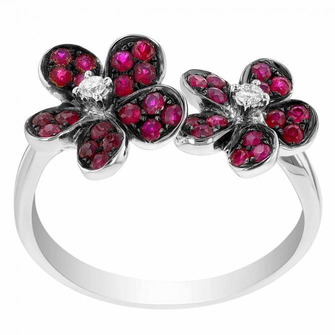 Ruby Pave & Diamond Double Flower Ring in White Gold