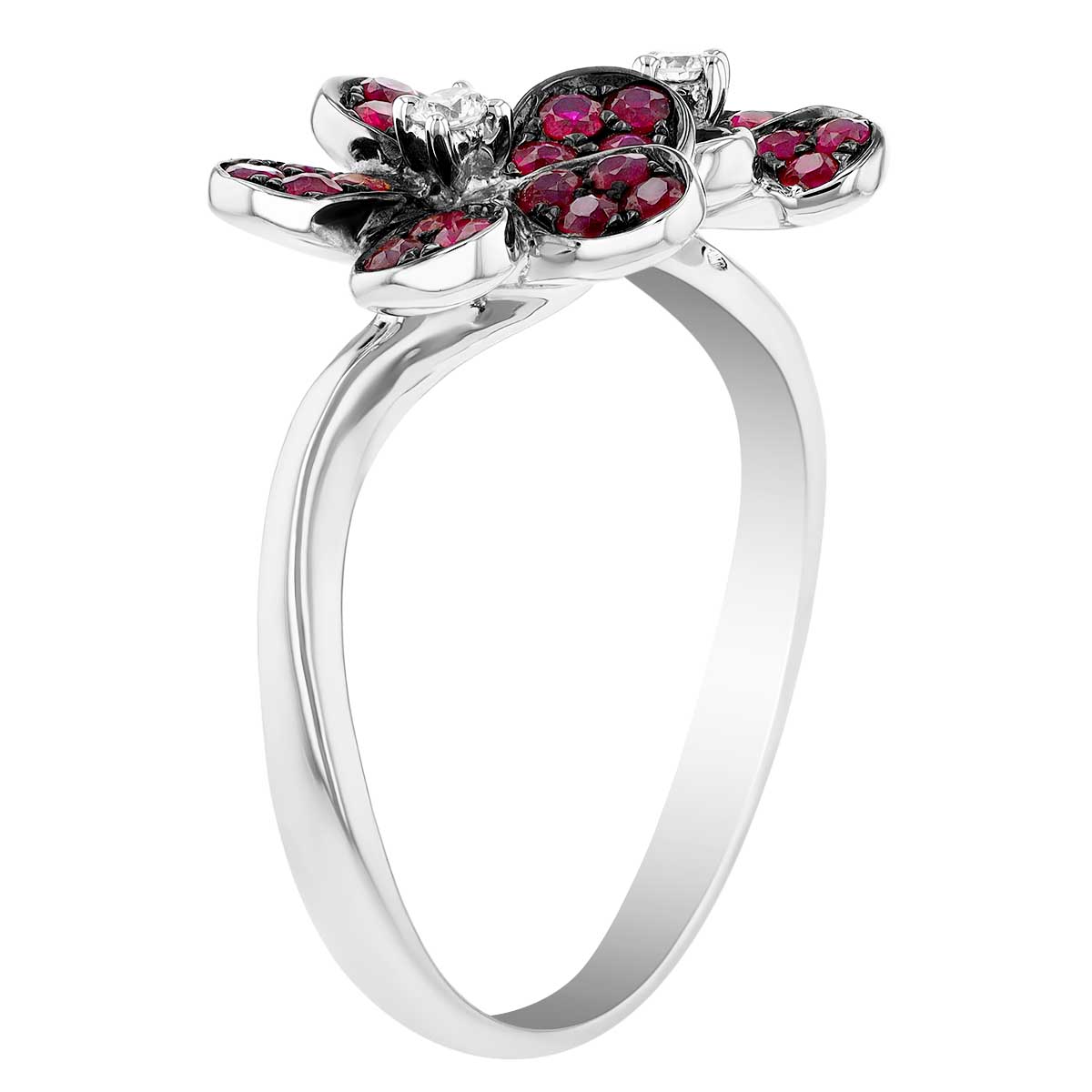 Ruby Pave & Diamond Double Flower Ring in White Gold