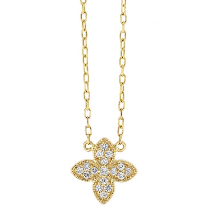 Diamond Pave 4 Petal Flower Pendant in Yellow Gold, 18"