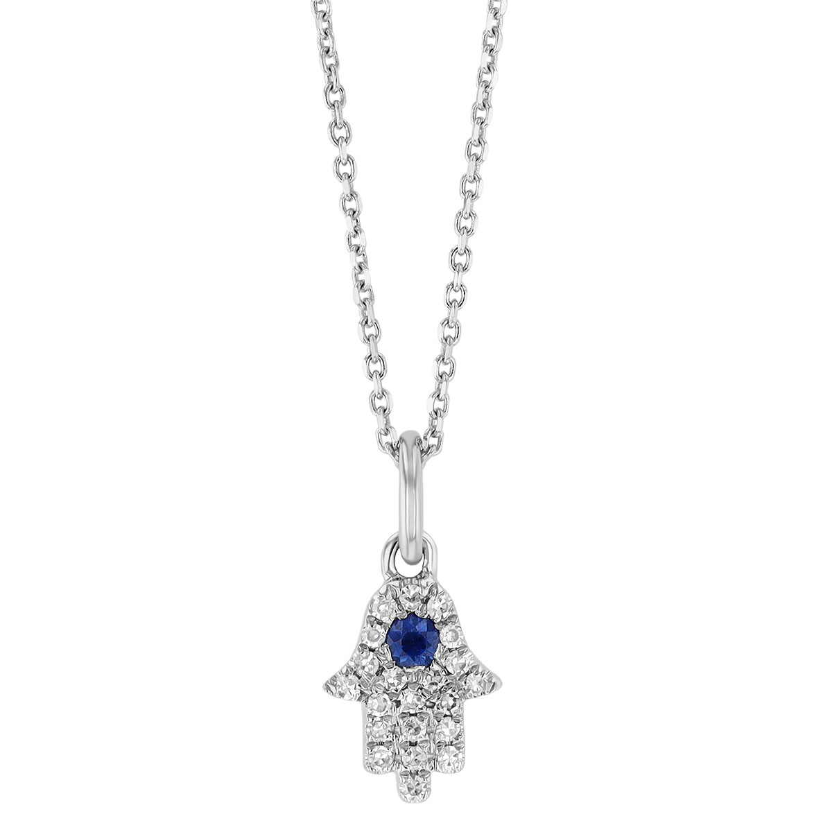Sapphire & Diamond Pave Hamsa Pendant in White Gold, 16