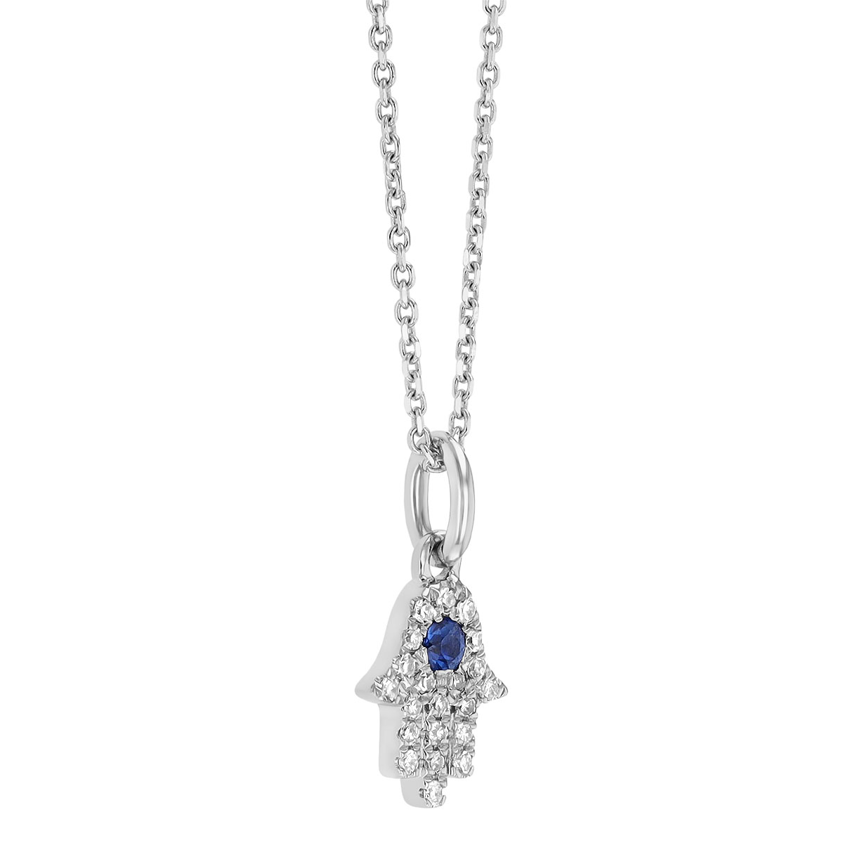 Sapphire & Diamond Pave Hamsa Pendant in White Gold, 16