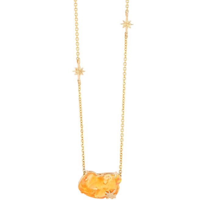 Freeform Fire Opal & Star Necklace in Yellow Gold, 18"
