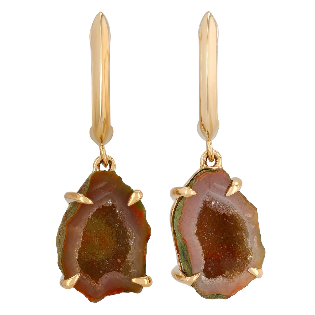 Brown Quartz Geode Dangle Hoop Earrings in Yellow Gold