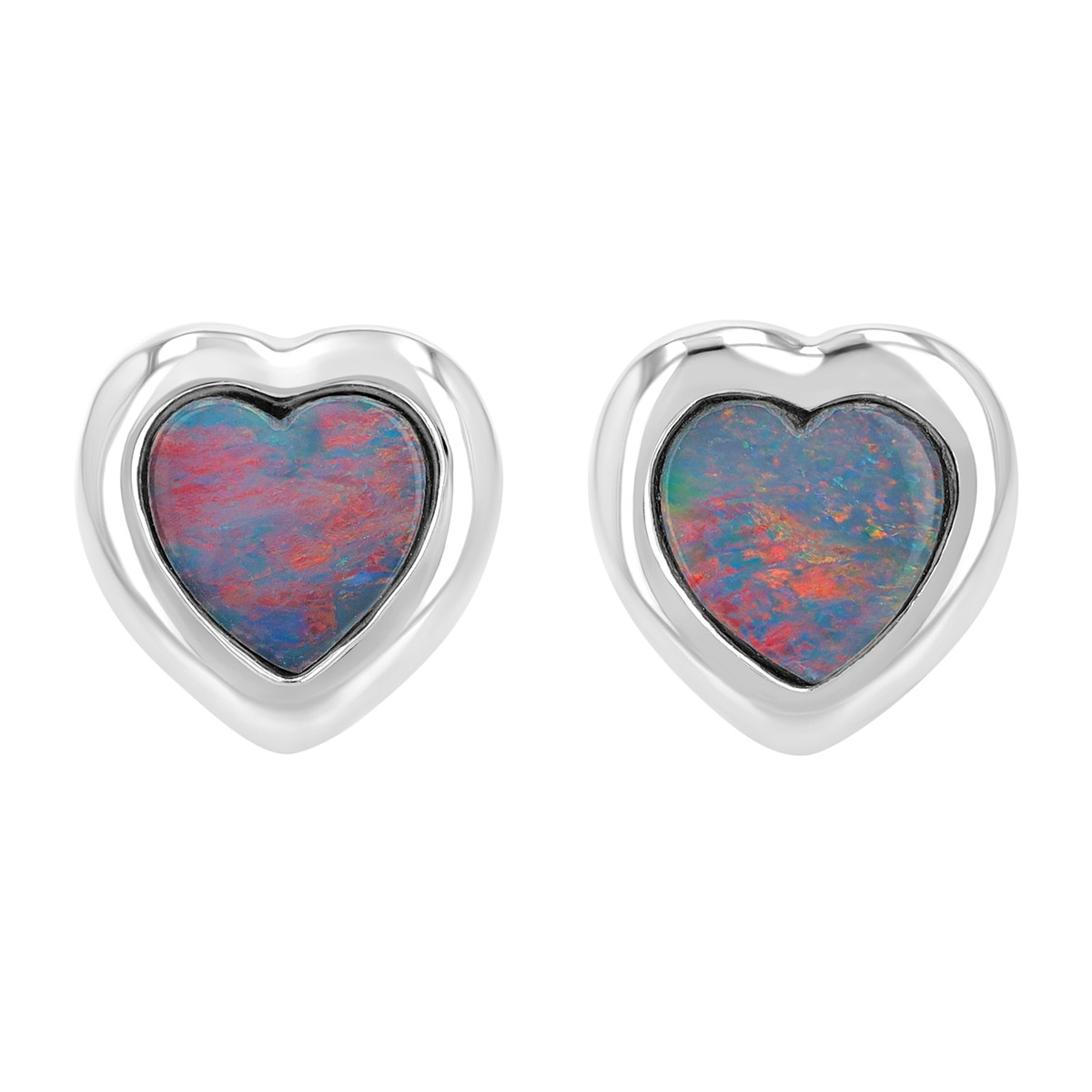 Heart Cabochon Opal Bezel Set Stud Earrings in White Gold