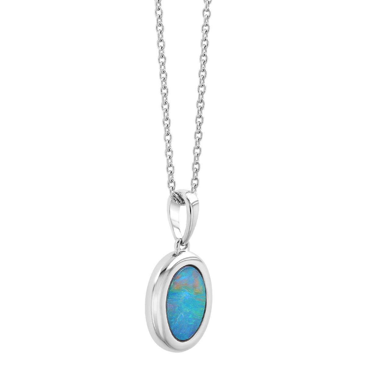 Oval Black Opal Bezel Set Pendant in White Gold