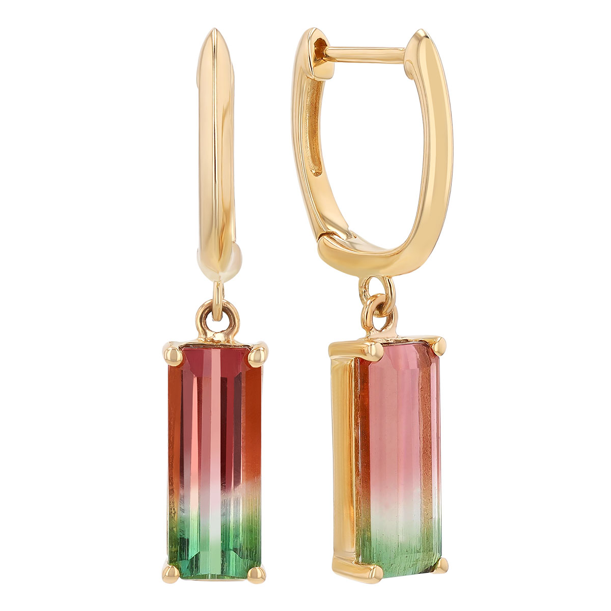 Straight Baguette Watermelon Tourmaline Dangle Hoop Earrings in Yellow Gold