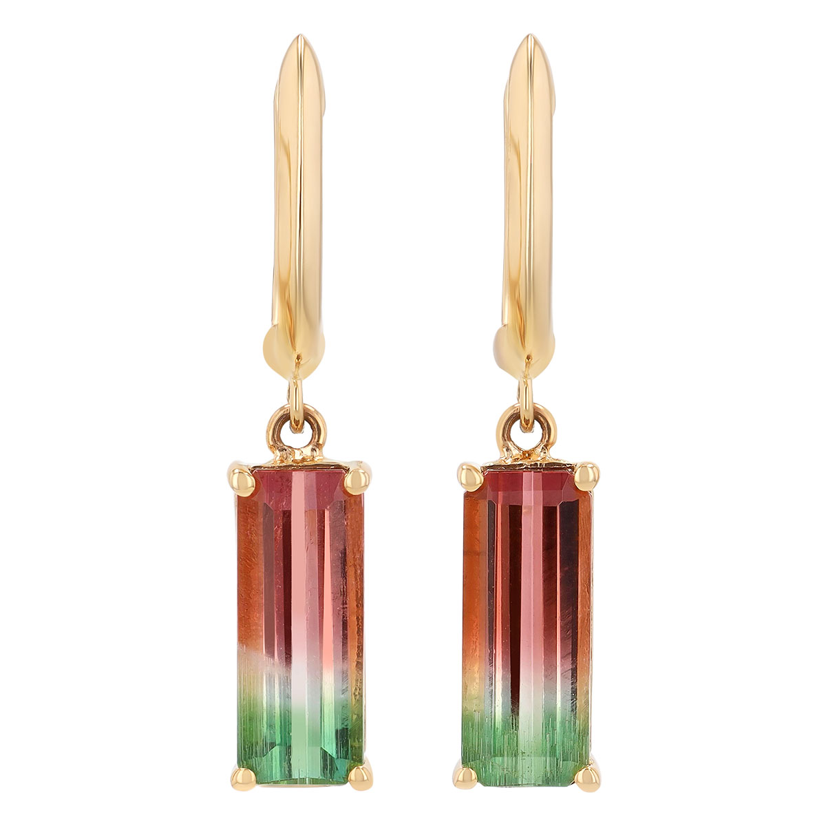 Straight Baguette Watermelon Tourmaline Dangle Hoop Earrings in Yellow Gold