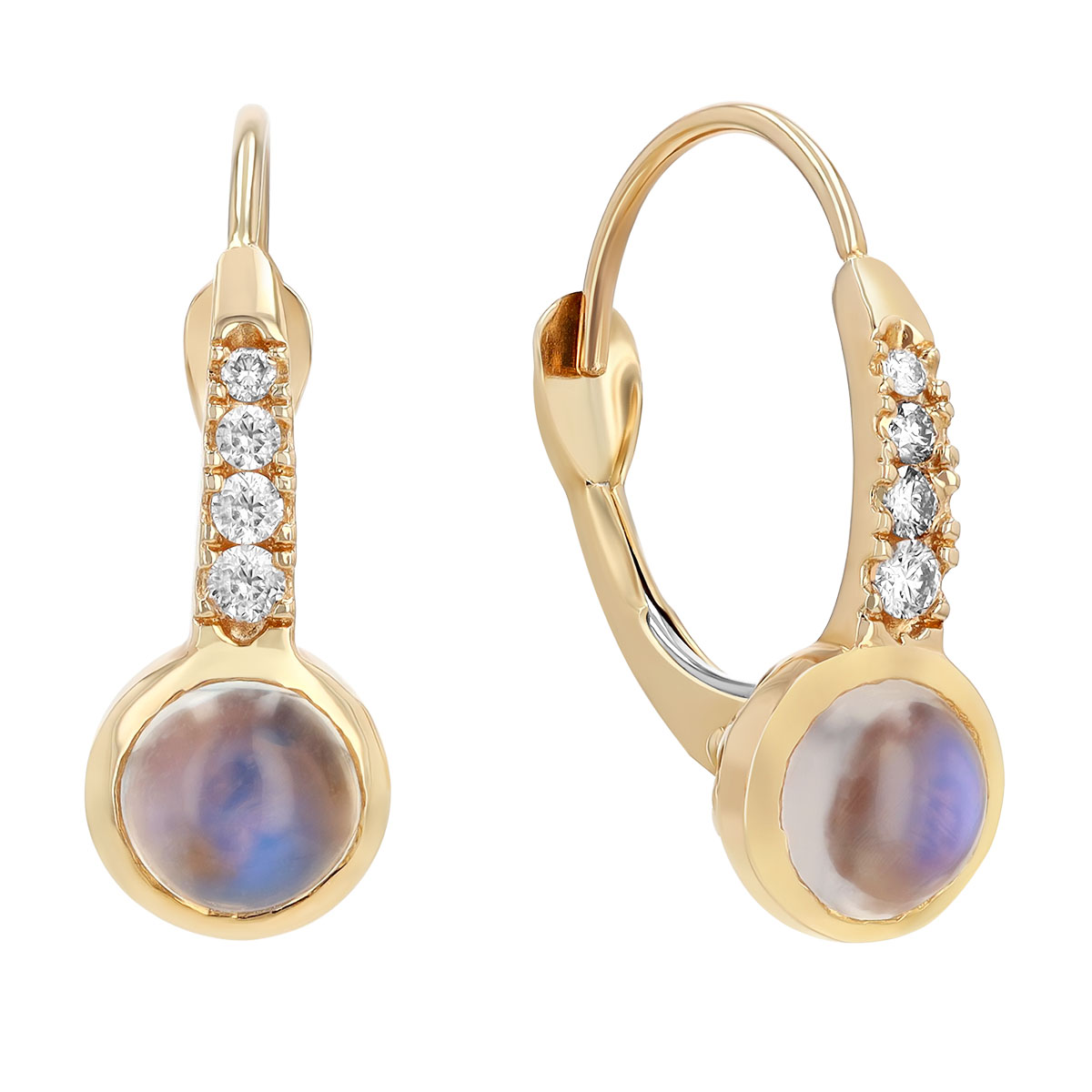 Round Cabochon Moonstone & Diamond Drop Earrings in Yellow Gold
