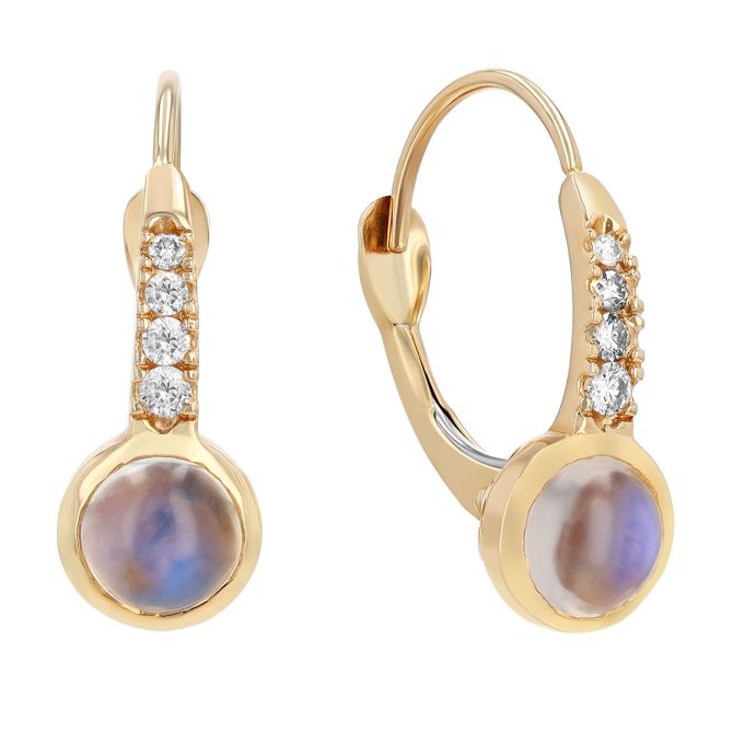 Round Cabochon Moonstone & Diamond Drop Earrings in Yellow Gold