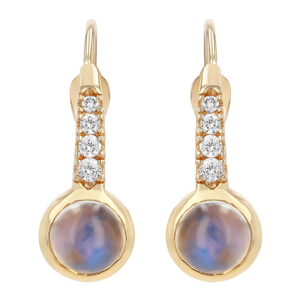 Round Cabochon Moonstone & Diamond Drop Earrings in Yellow Gold