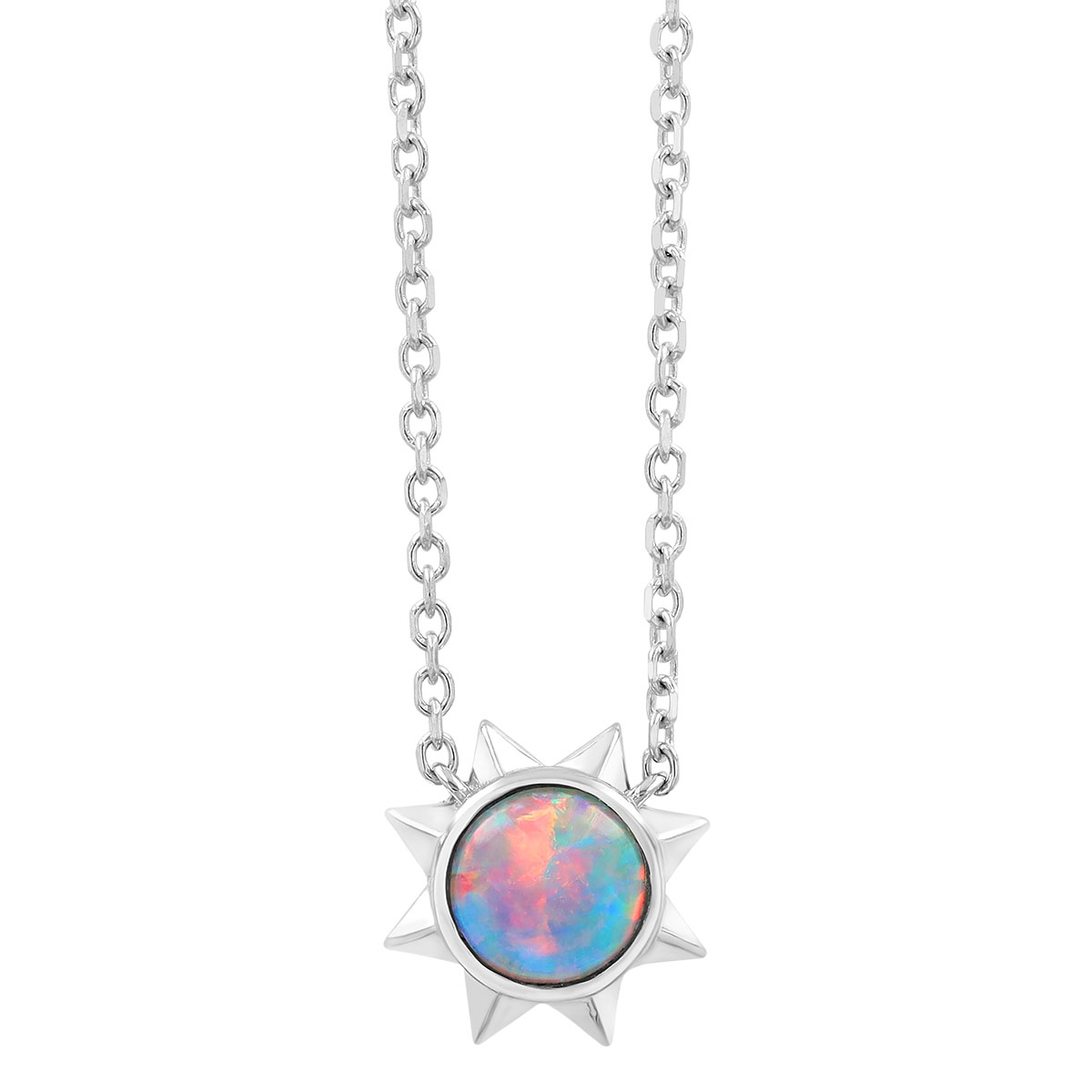 Round White Opal Sun Necklace in White Gold, 18
