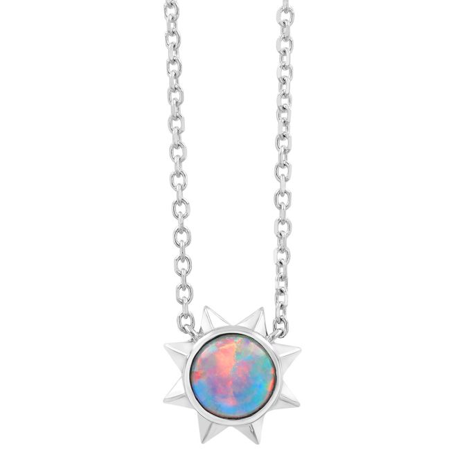 Round White Opal Sun Necklace in White Gold, 18"
