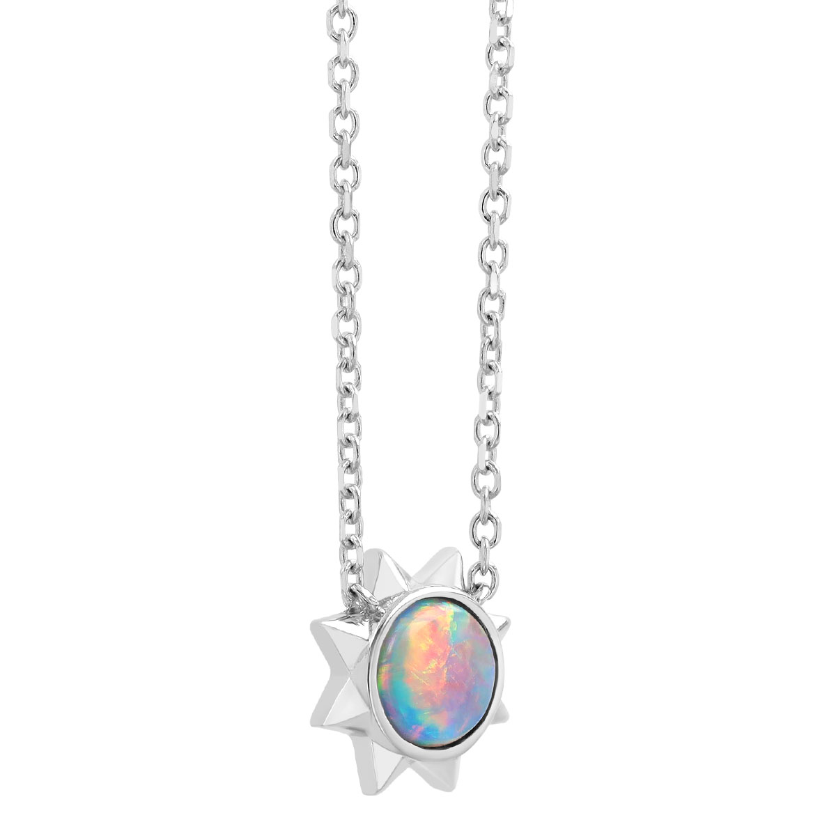 Round White Opal Sun Necklace in White Gold, 18