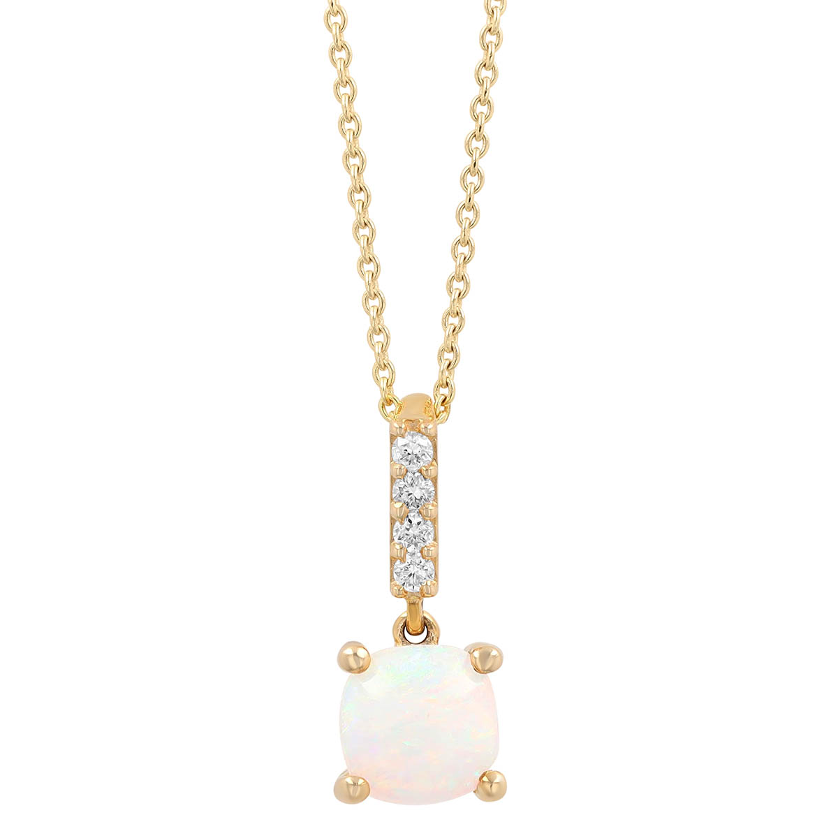 Cushion Cabochon White Opal Pendant with Diamond Bail in Yellow Gold