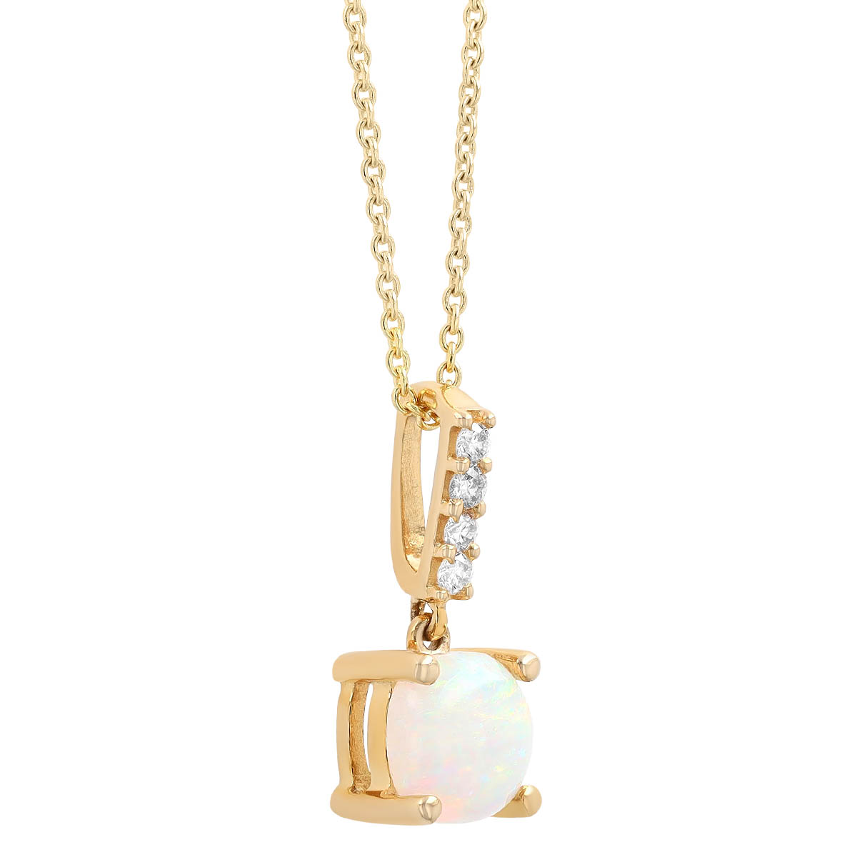 Cushion Cabochon White Opal Pendant with Diamond Bail in Yellow Gold