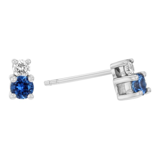 Round Sapphire & Diamond Duo Dainty Stud Earrings in White Gold