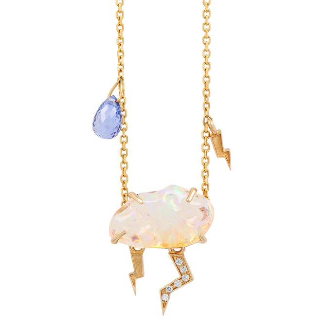Jelly Opal, Sapphire & Diamond Thunderstorm Necklace in Yellow Gold, 18"