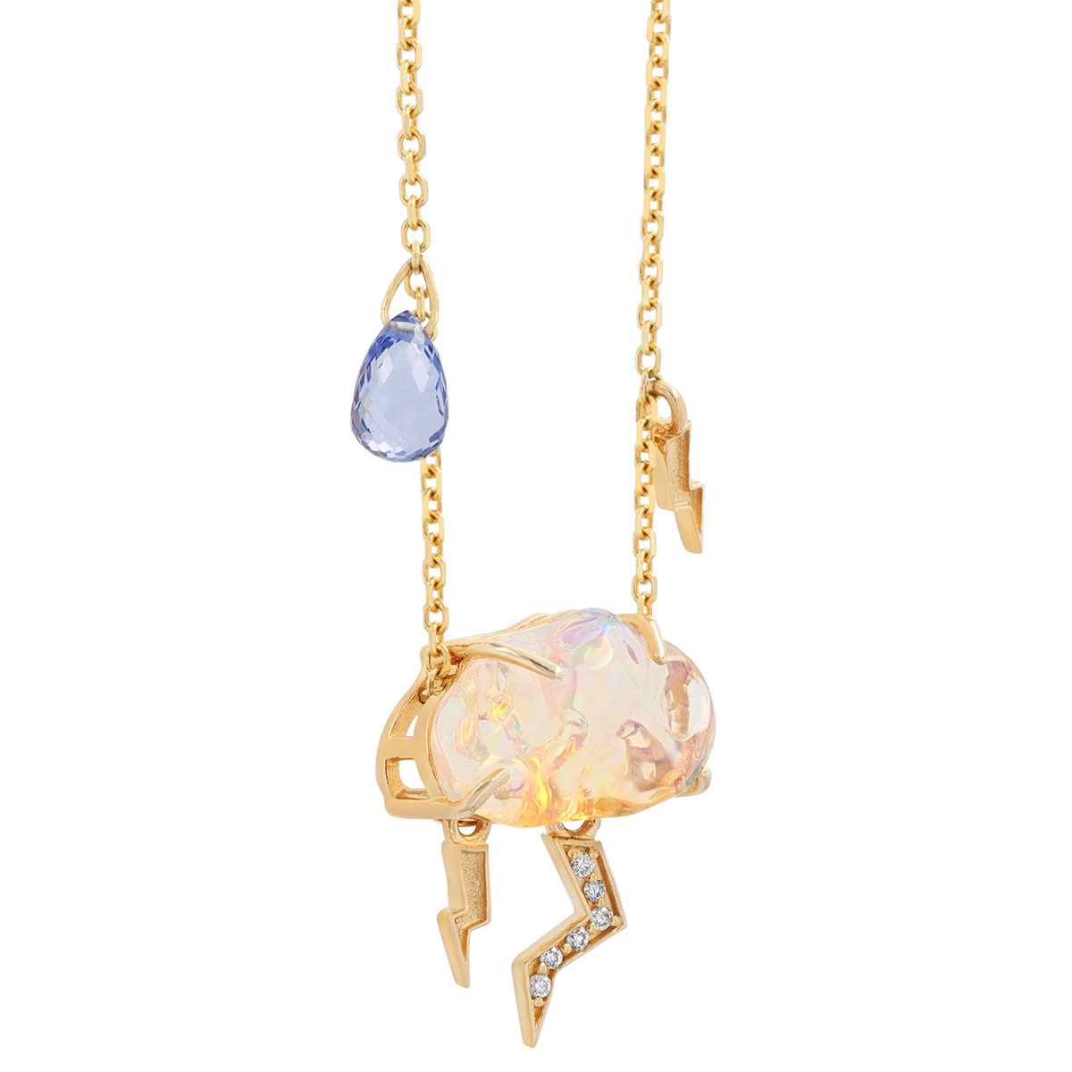 Jelly Opal, Sapphire & Diamond Thunderstorm Necklace in Yellow Gold, 18