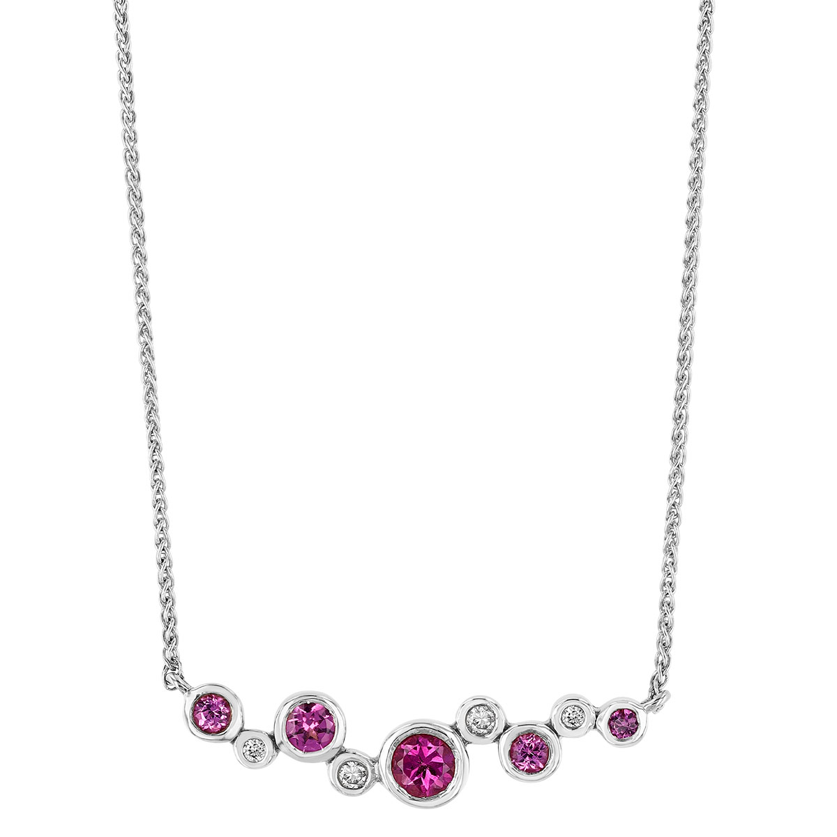 Bezel Set Garnet & Diamond Scatter Bar Necklace in White Gold, 18