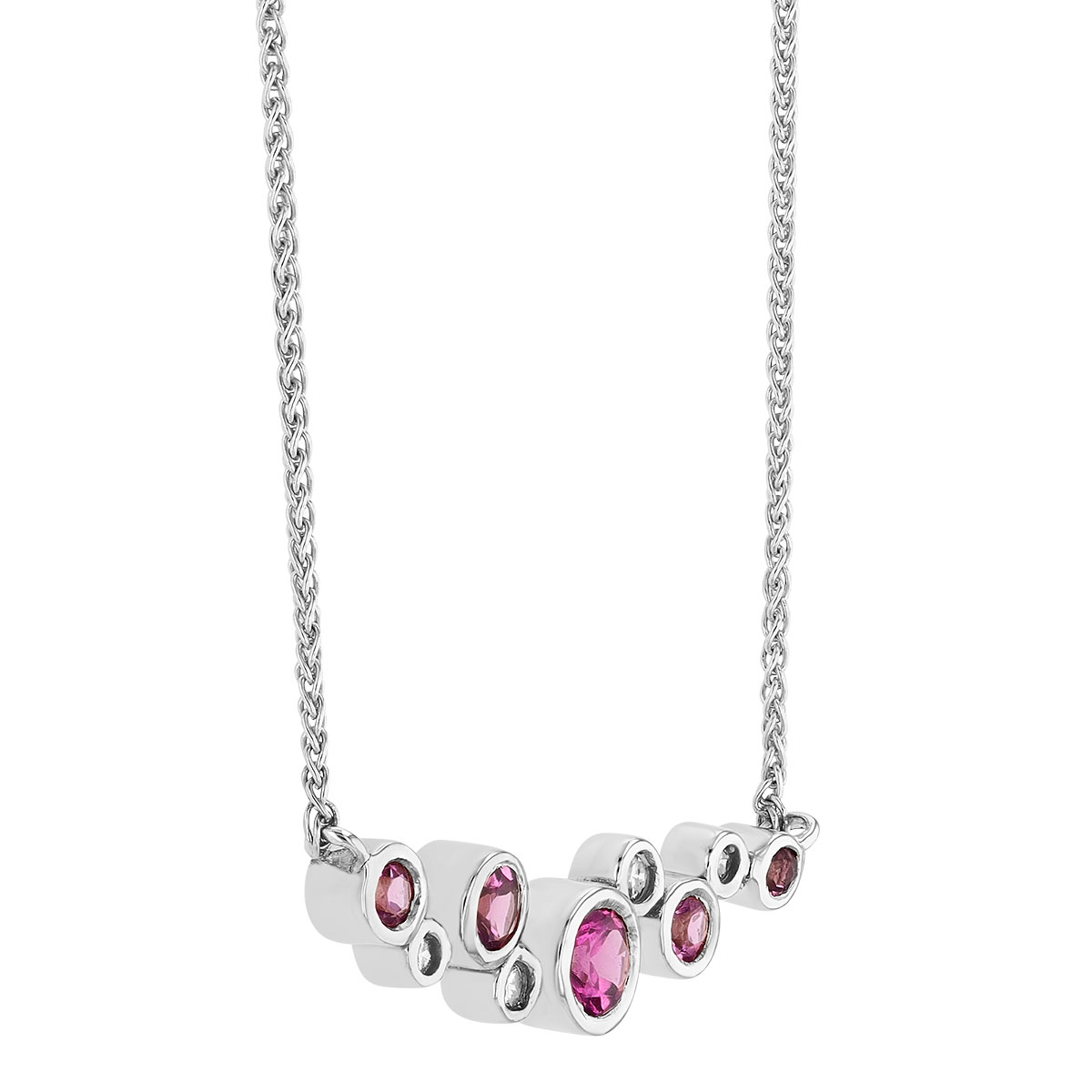 Bezel Set Garnet & Diamond Scatter Bar Necklace in White Gold, 18