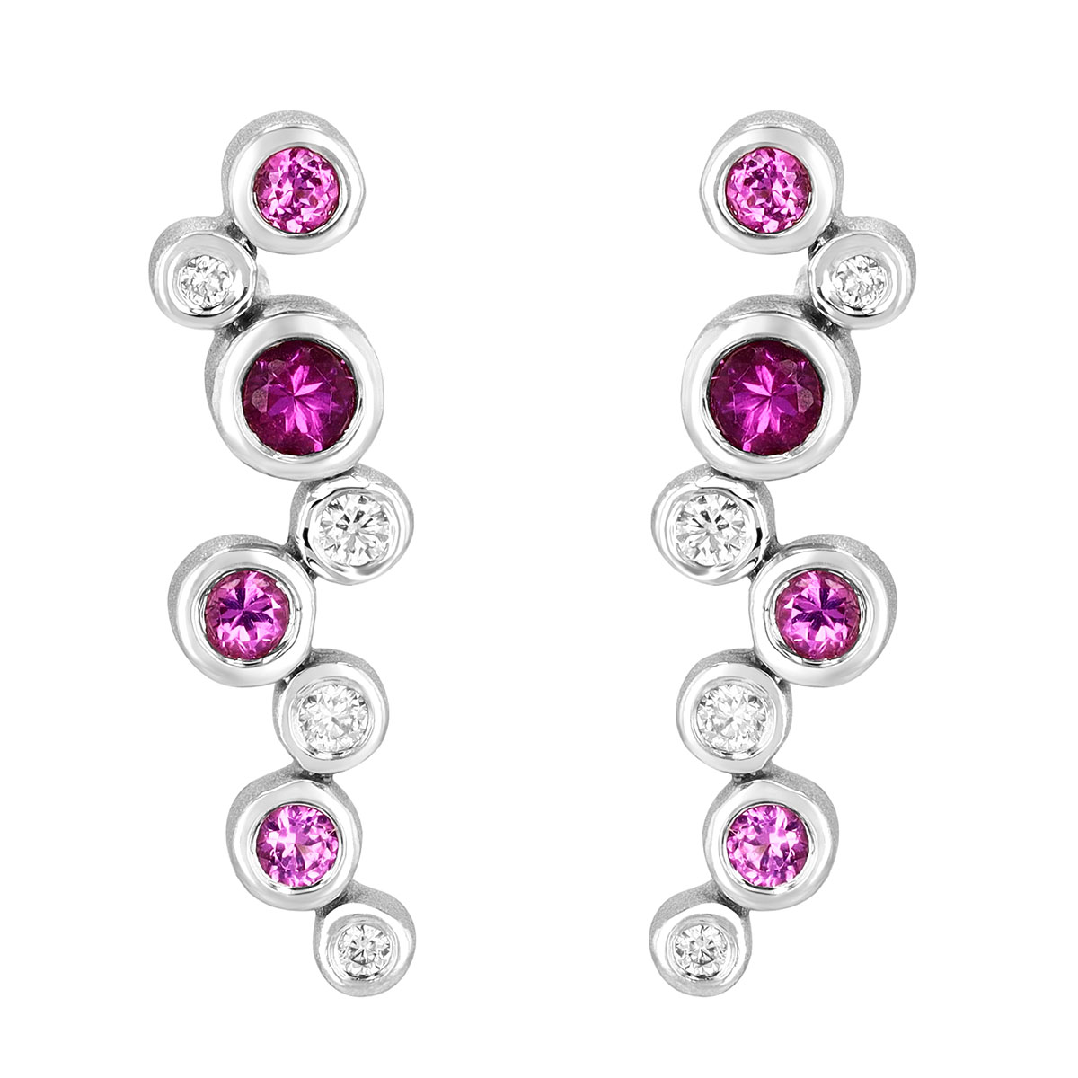 Bezel Set Garnet & Diamond Scatter Drop Earrings in White Gold