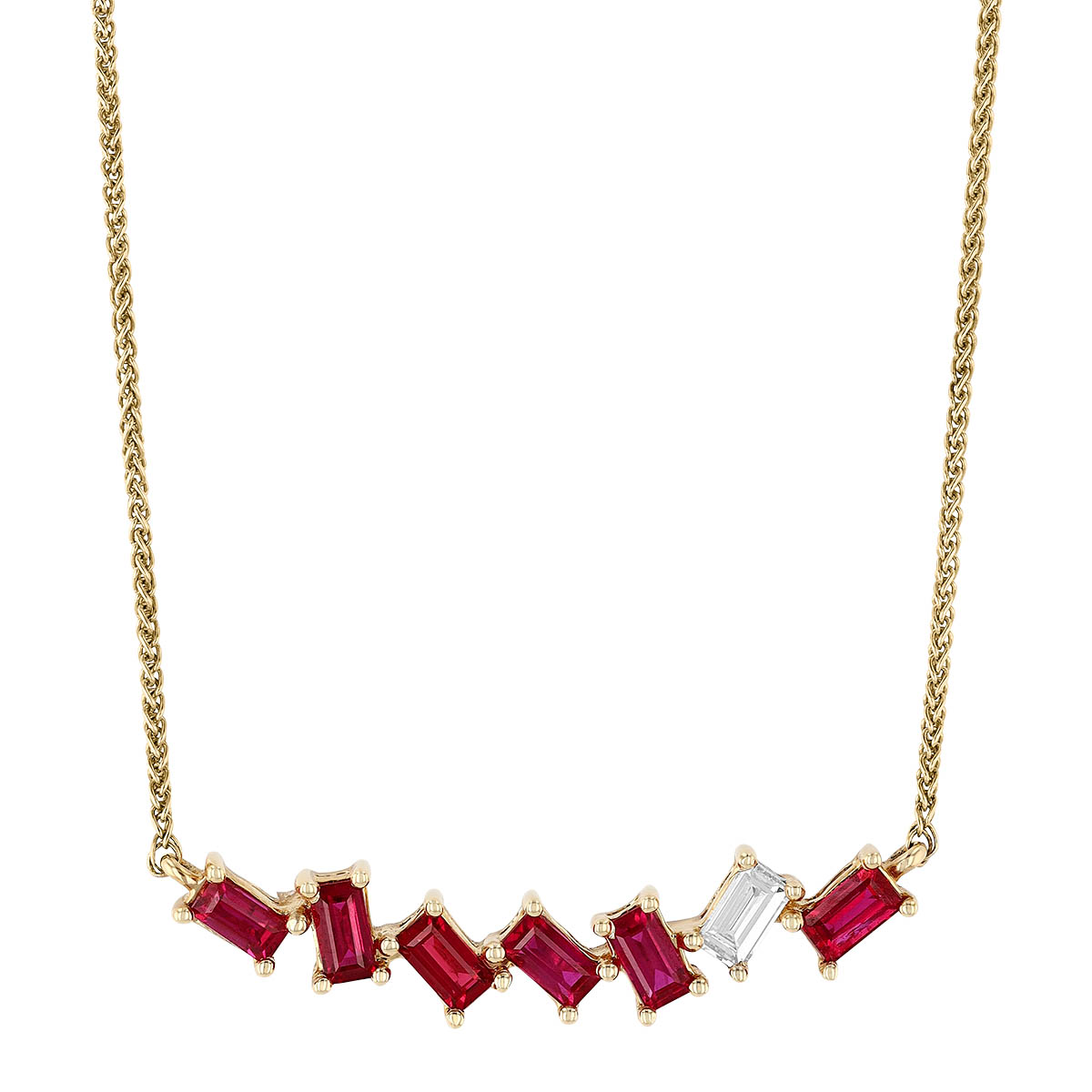 Straight Baguette Ruby & Diamond Bar Necklace in Yellow Gold, 17