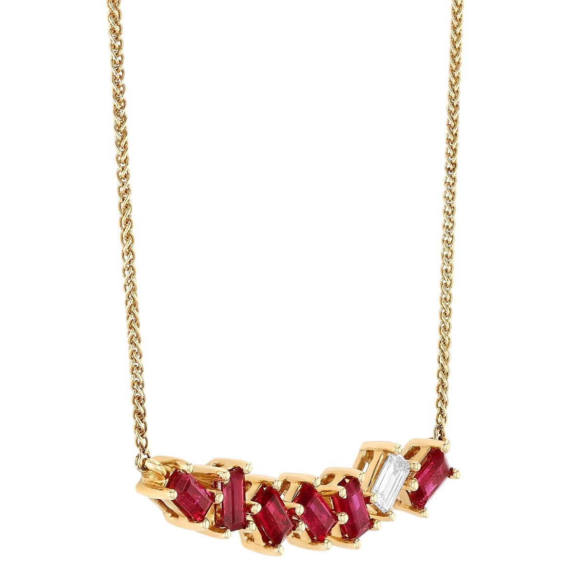 Straight Baguette Ruby & Diamond Bar Necklace in Yellow Gold, 17