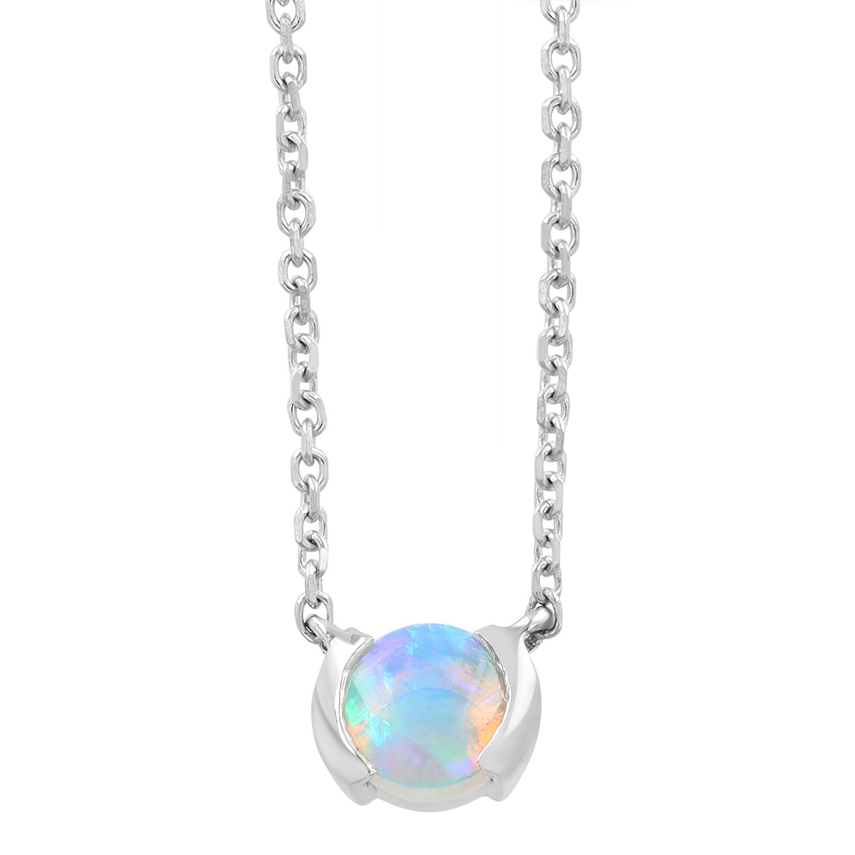 Round White Opal Half Bezel Necklace in White Gold, 18
