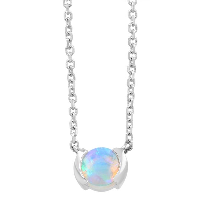 Round White Opal Half Bezel Necklace in White Gold, 18"