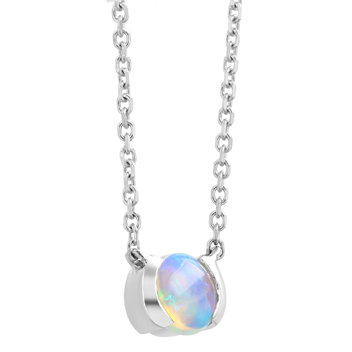 Round White Opal Half Bezel Necklace in White Gold, 18